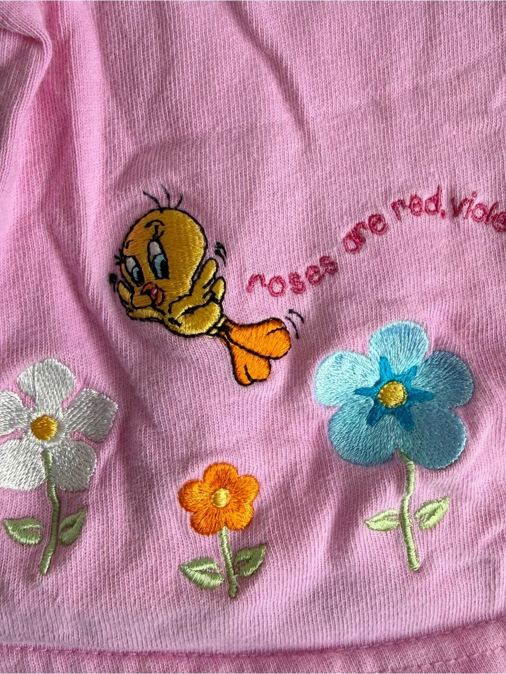 Vtg Warner Bros Studio Store Baby Tweety Bird Embroidered Floral Pink Shirt 12M